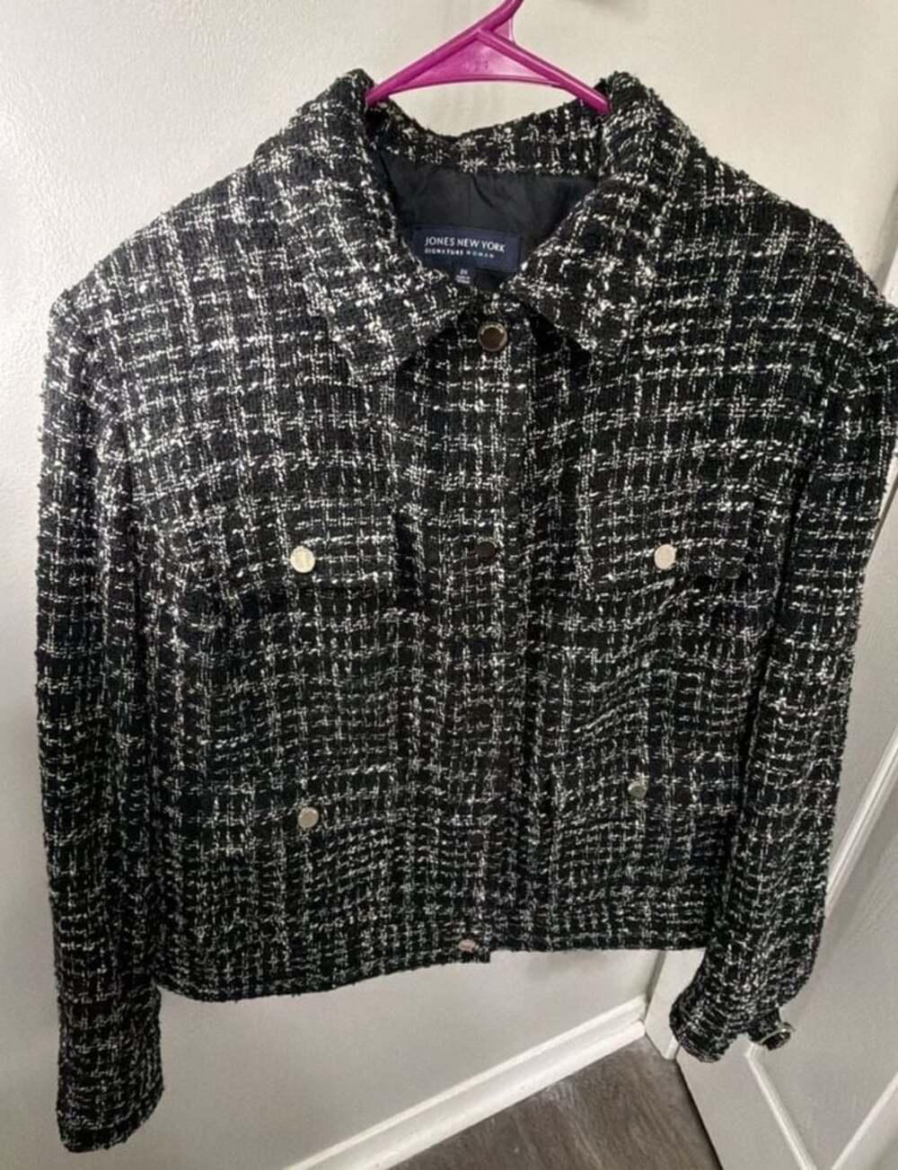Jones New York Signature Woman 2X Black White Tweed Jacket Plus Size Snap Front